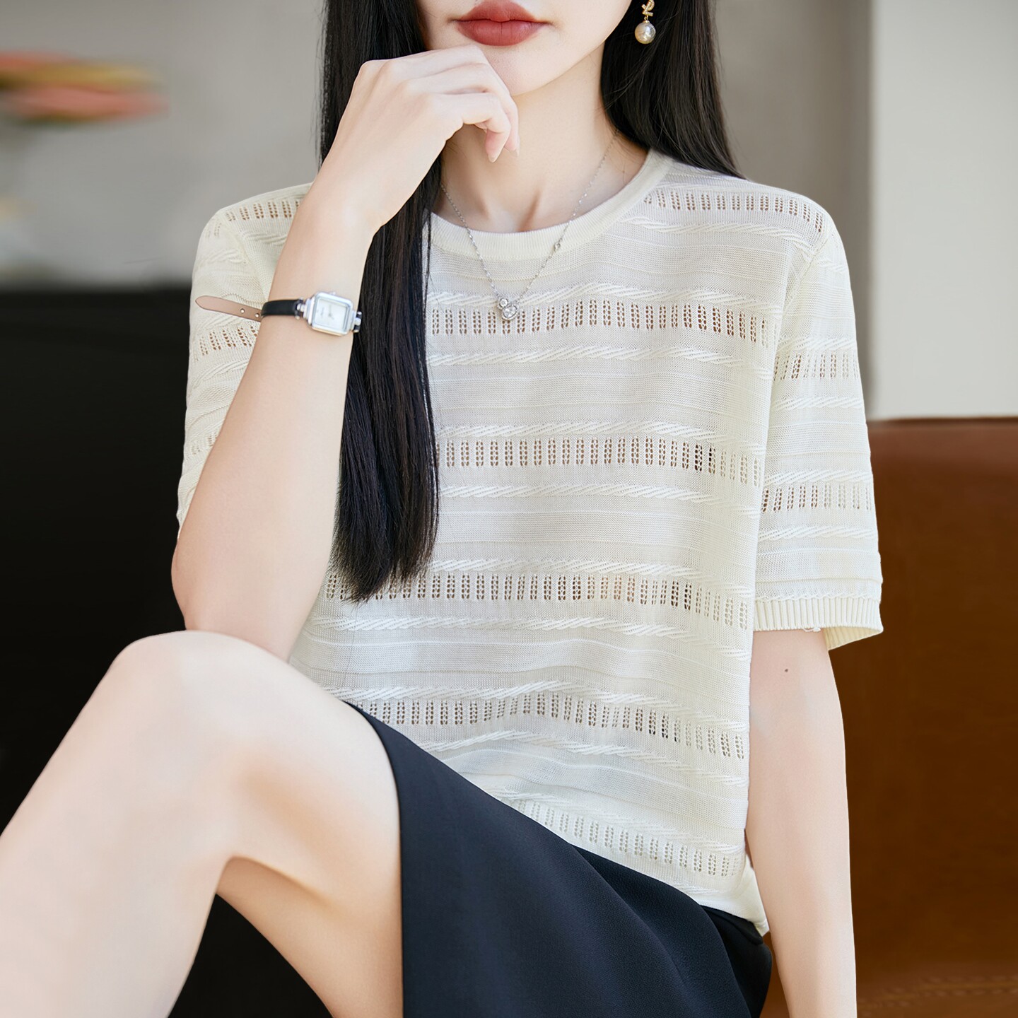 镂空条纹针织短袖t恤女夏季薄款冰丝针织衫大码女装上衣