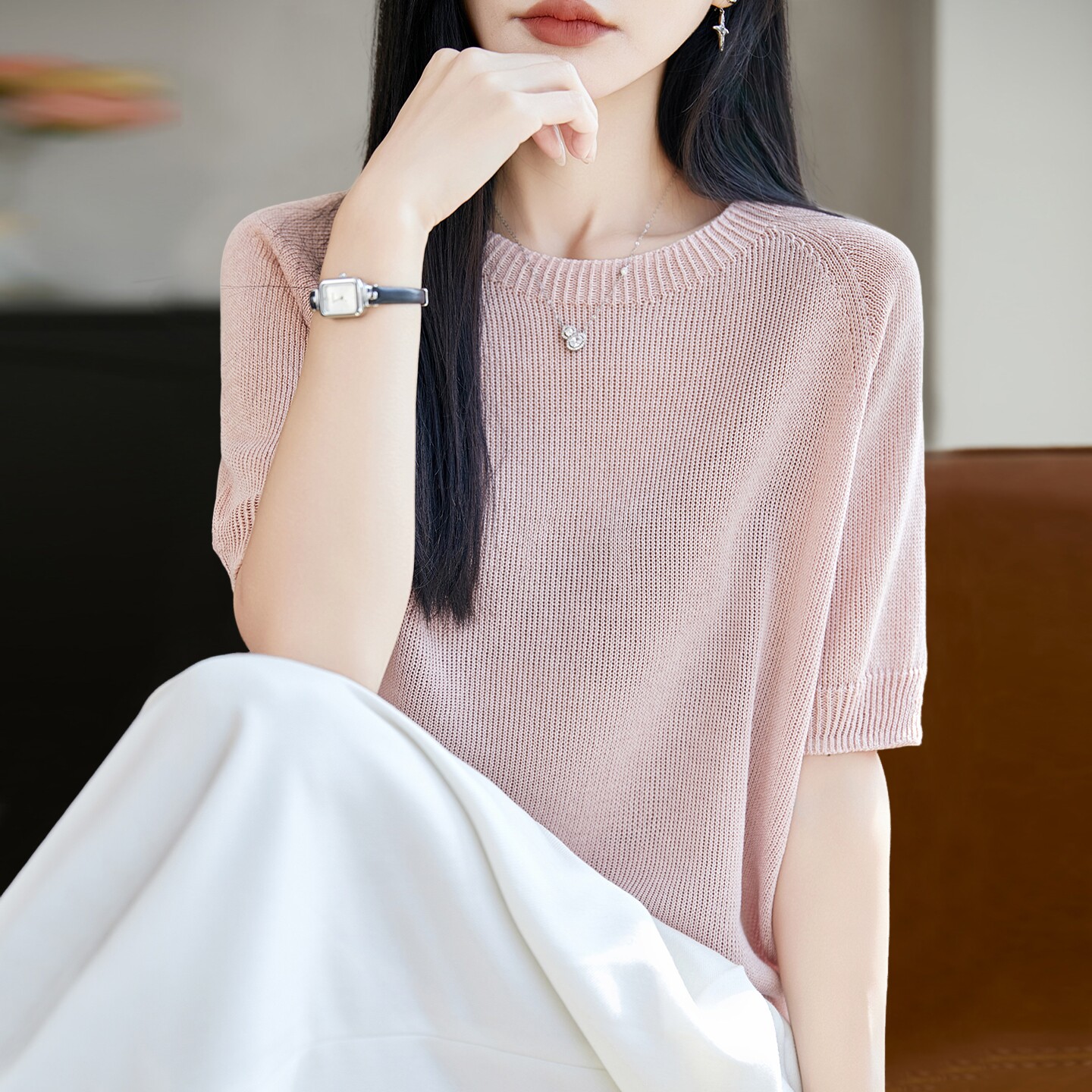 新款镂空纯色针织短袖t恤女夏季薄款冰丝针织衫大码女装上衣