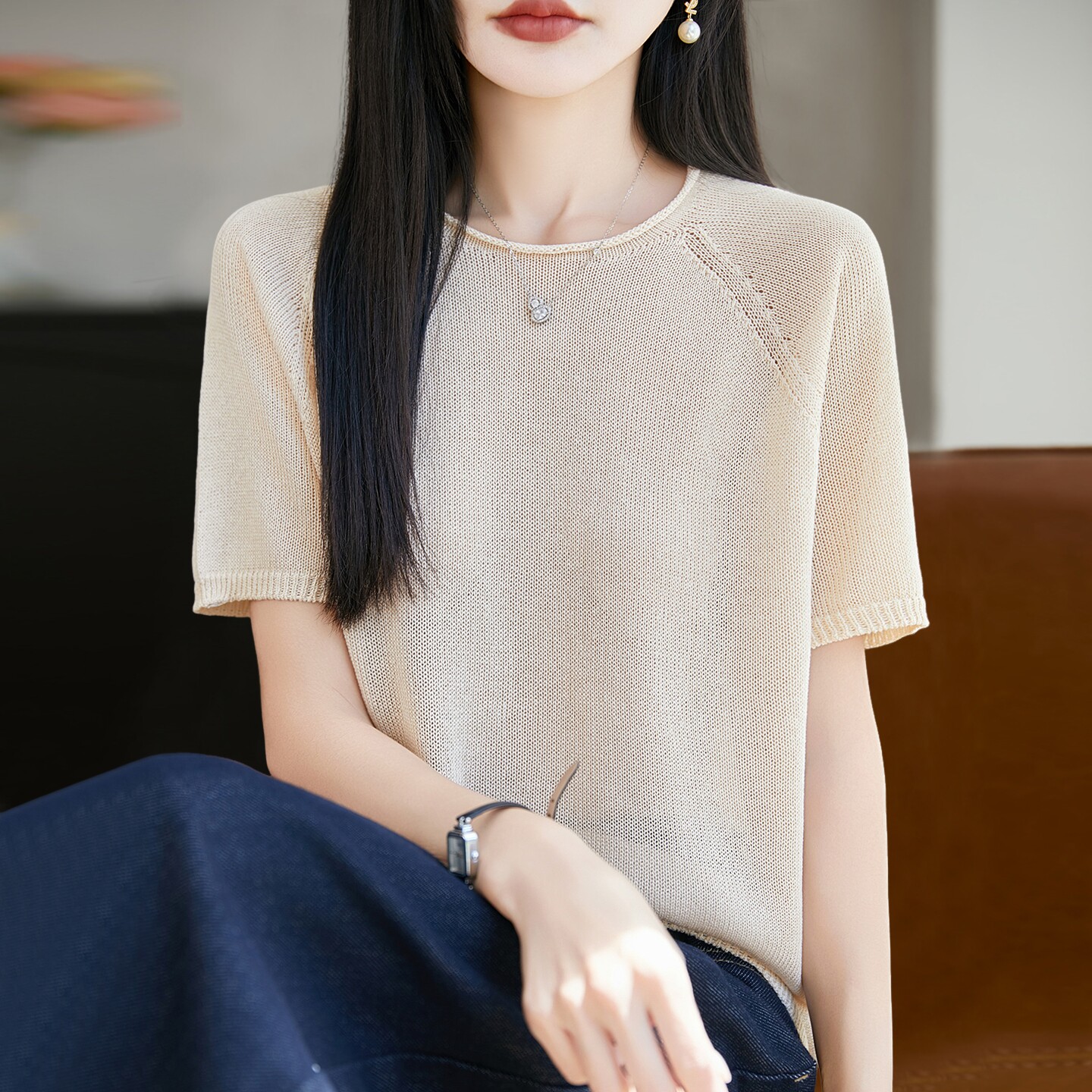 新款镂空纯色针织短袖t恤女夏季薄款冰丝针织衫大码女装上衣