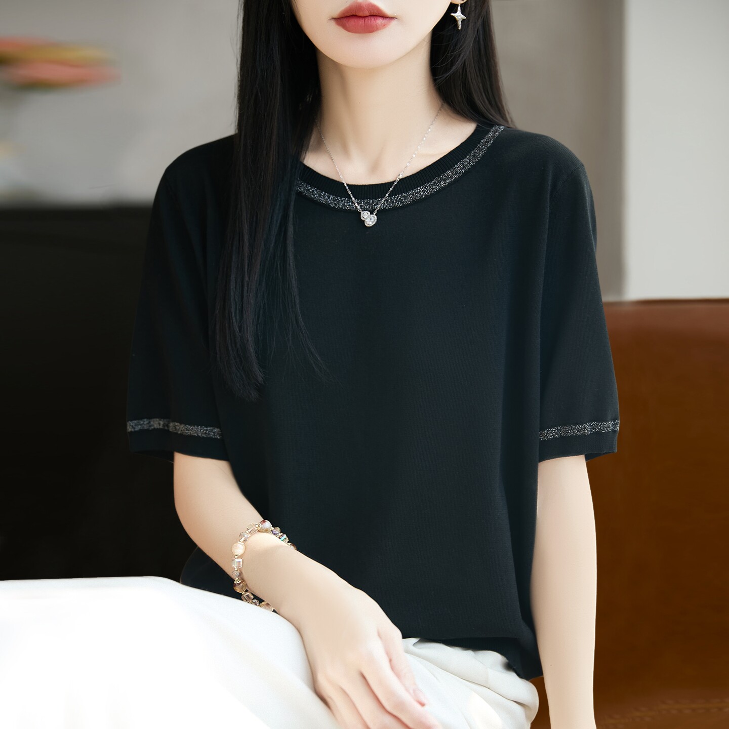 新款亮片时尚针织短袖t恤女夏季薄款冰丝针织衫大码女装上衣
