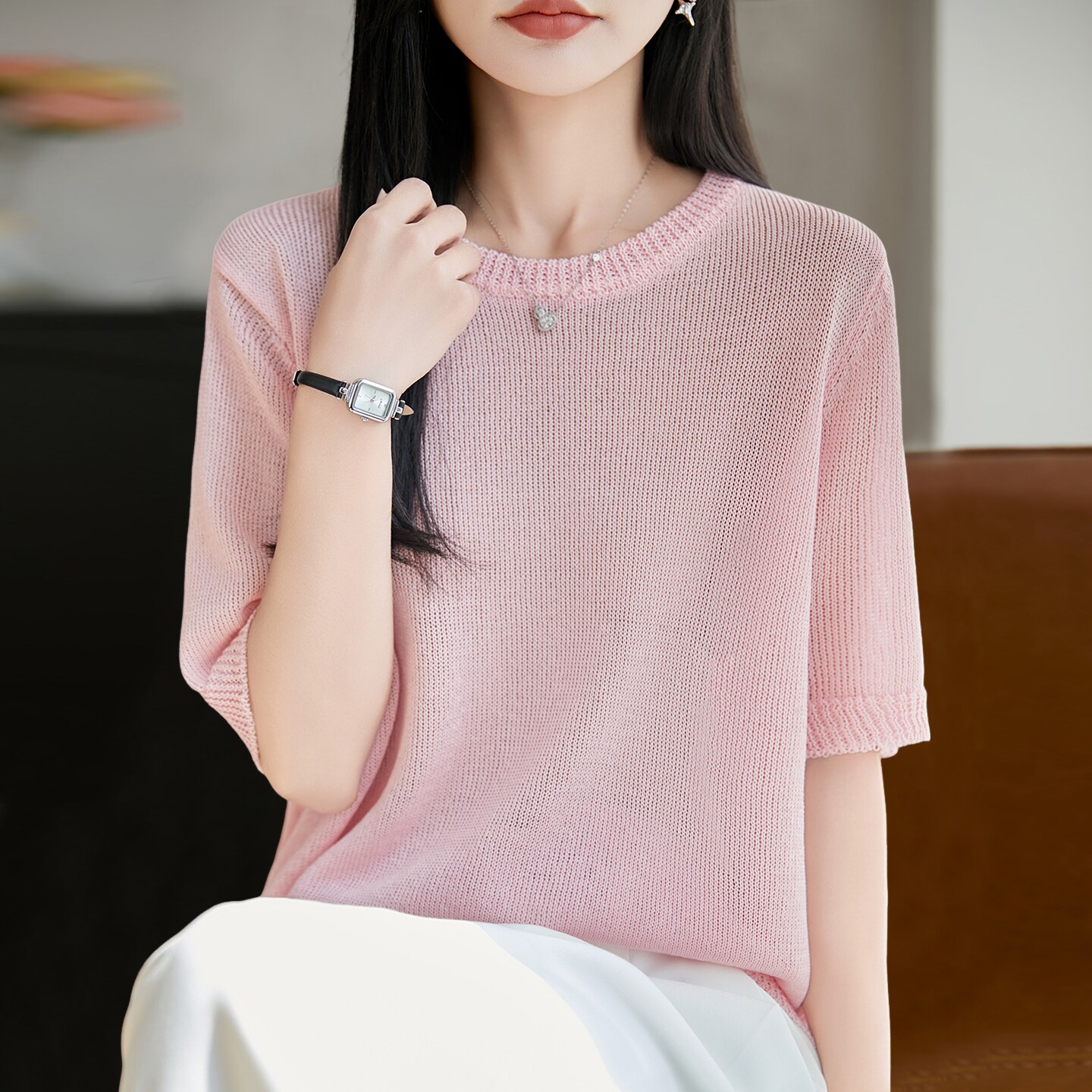 新款镂空纯色针织短袖t恤女夏季薄款冰丝针织衫大码女装上衣