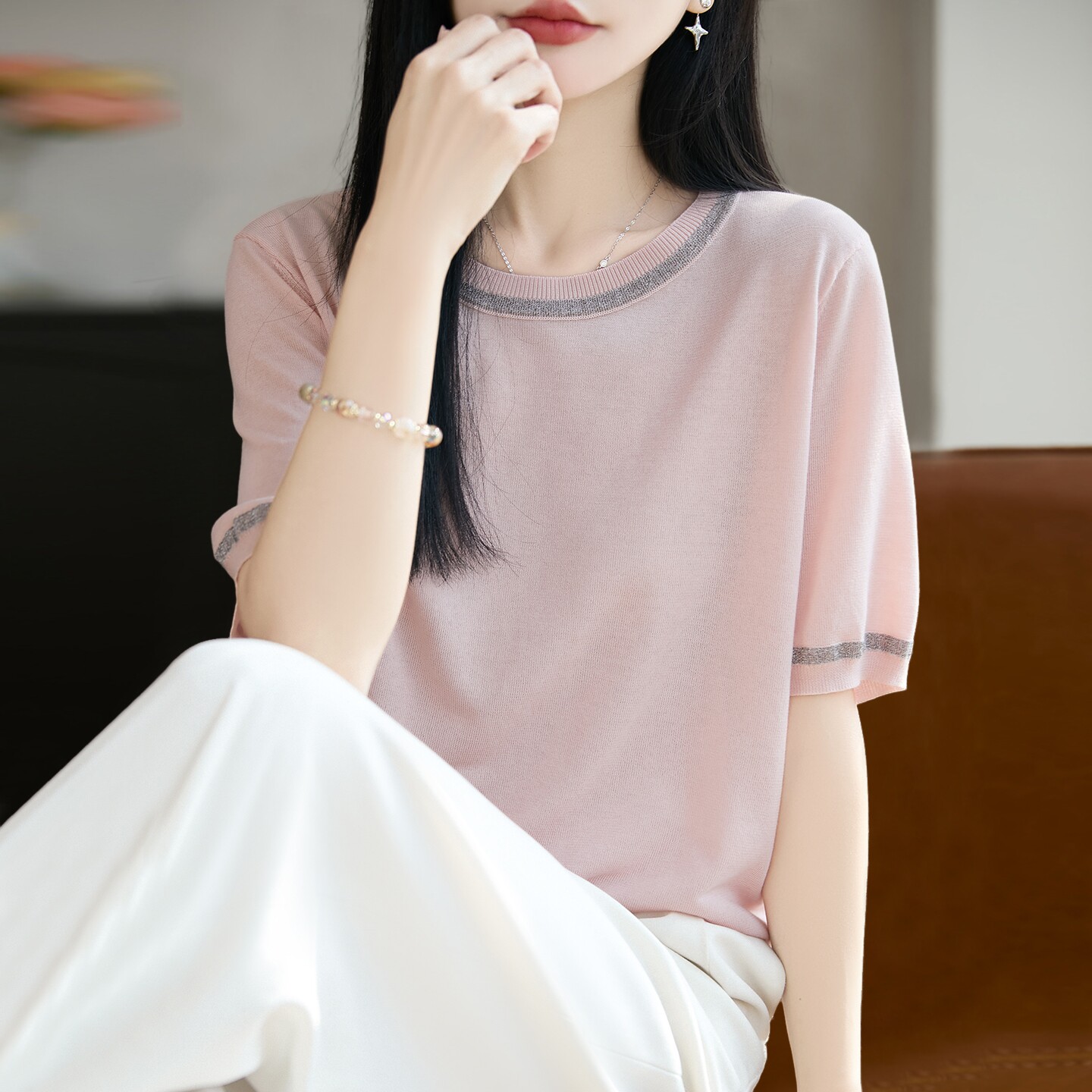 新款亮片时尚针织短袖t恤女夏季薄款冰丝针织衫大码女装上衣