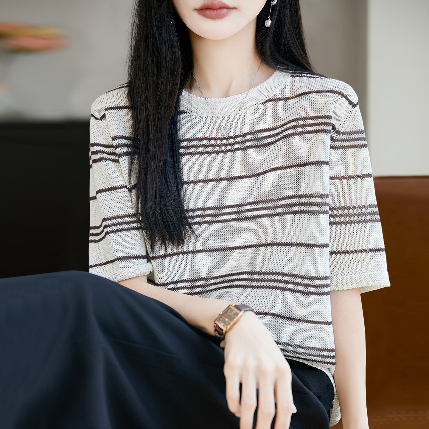 针织条纹圆领短袖t恤女夏季薄款冰丝针织衫大码女装上衣