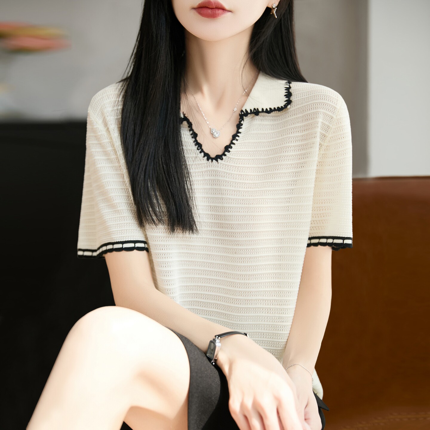 撞色翻领针织短袖t恤女夏季薄款冰丝针织衫大码女装上衣