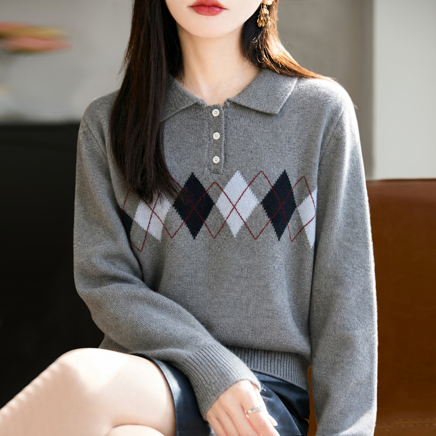 2026新款翻领菱形秋季大码针织打底衫女洋气中老年女装上衣毛衣