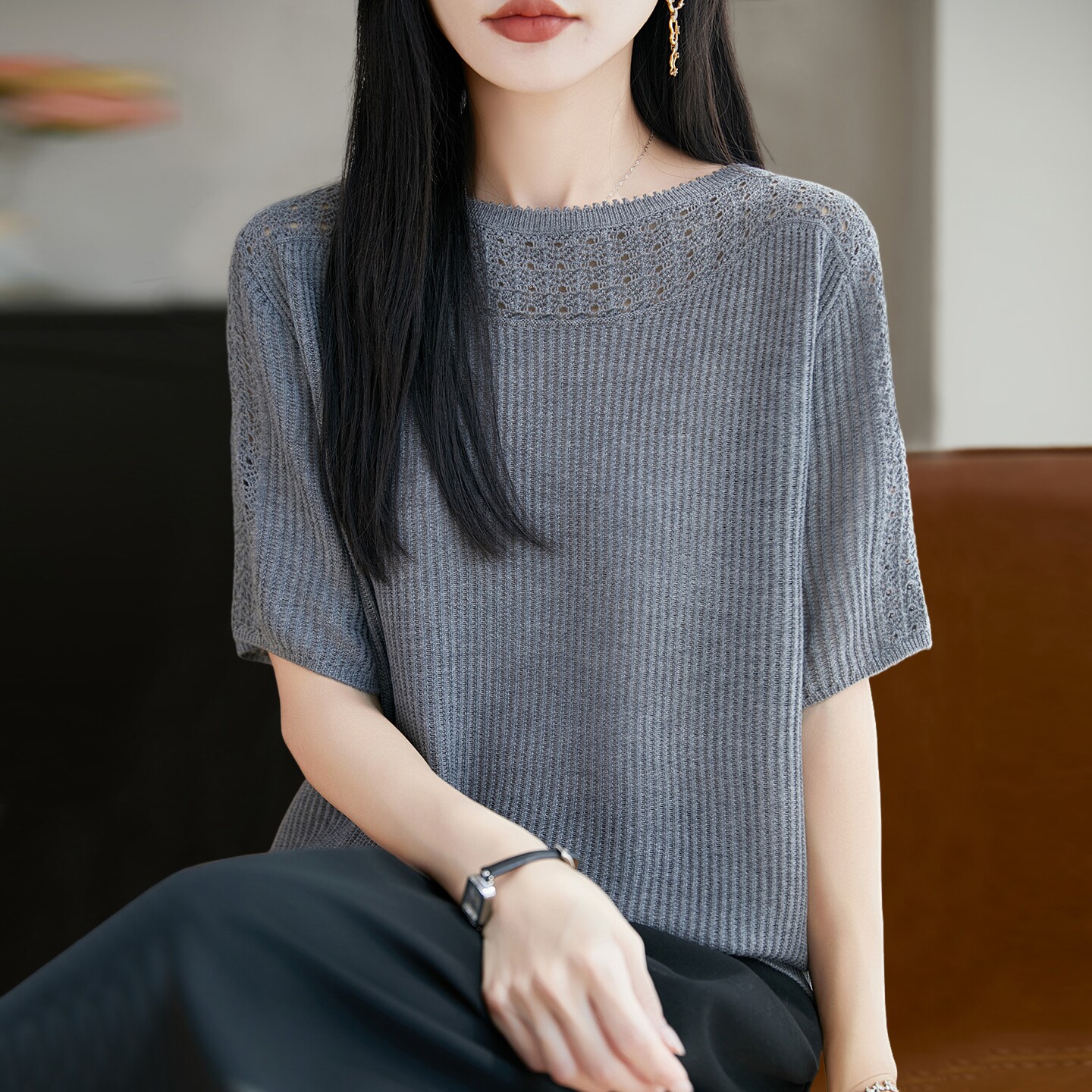蕾丝镂空针织短袖t恤女夏季薄款冰丝针织衫大码女装上衣