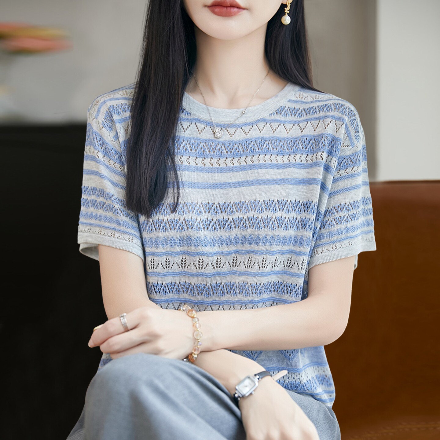镂空条纹针织短袖t恤女夏季薄款冰丝针织衫大码女装上衣
