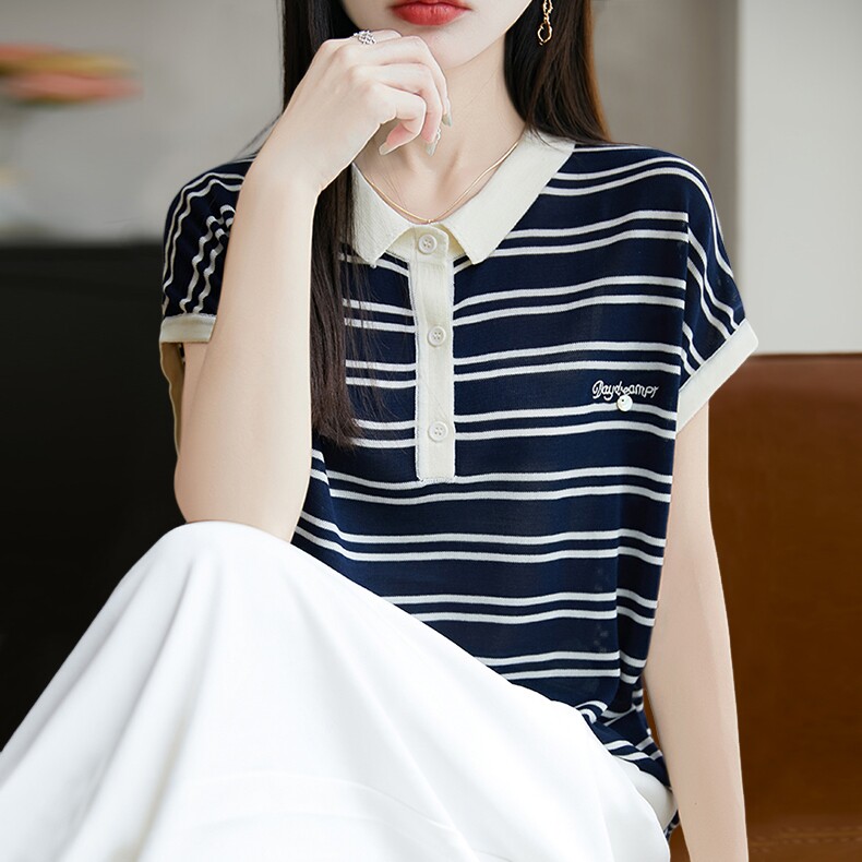拉夏贝尔 翻领条纹撞色针织短袖t恤女夏季薄款冰丝大码女装上衣