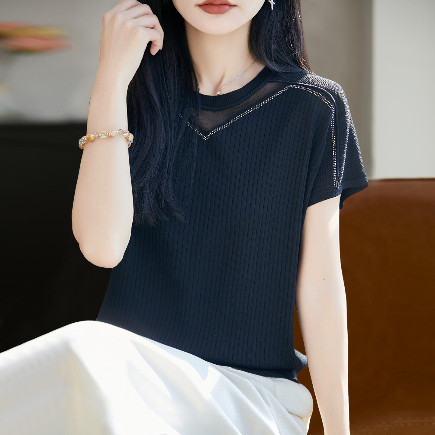 蕾丝镂空针织短袖t恤女夏季薄款冰丝针织衫大码女装上衣