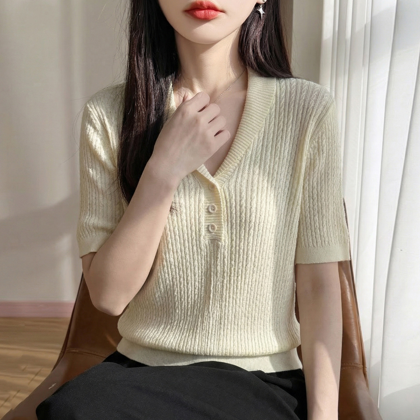新款翻领纯色螺纹短袖t恤女夏季薄款冰丝针织衫大码女装上衣