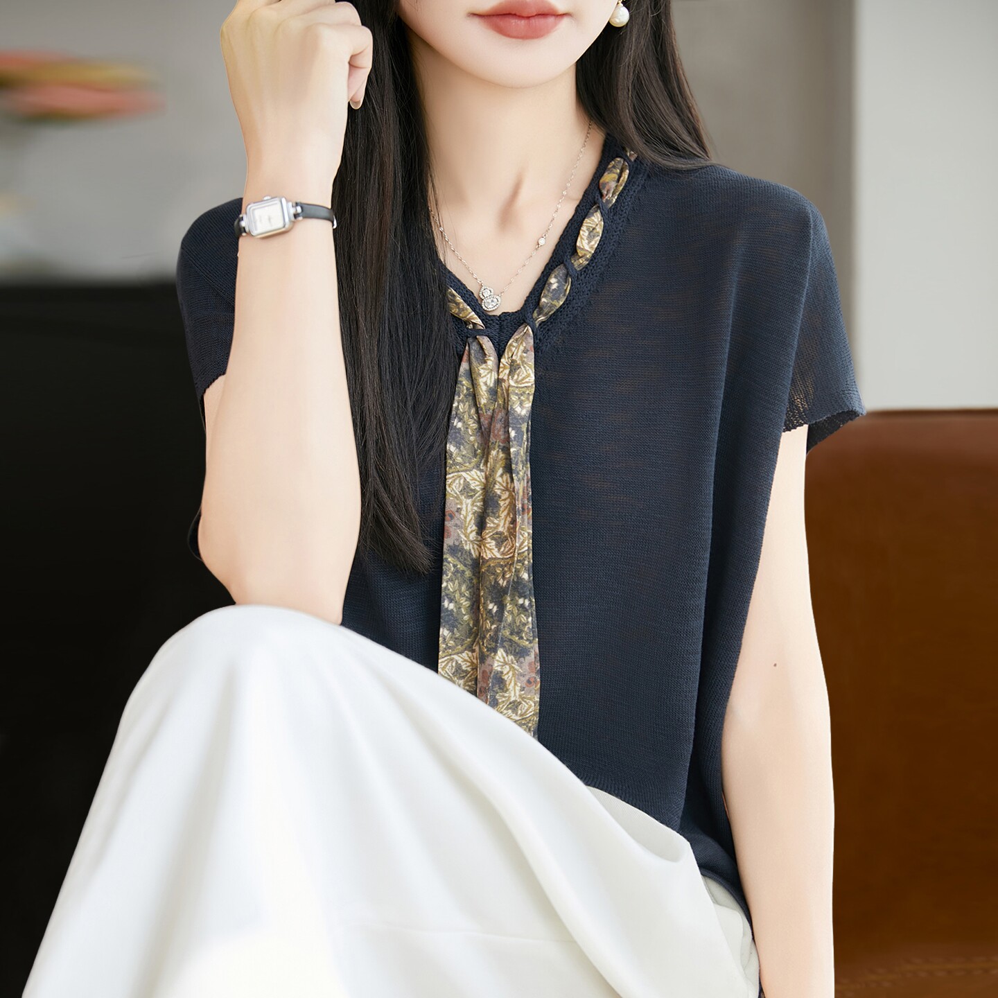 2026新款V领镂空针织短袖t恤女夏季薄款冰丝针织衫大码女装上衣