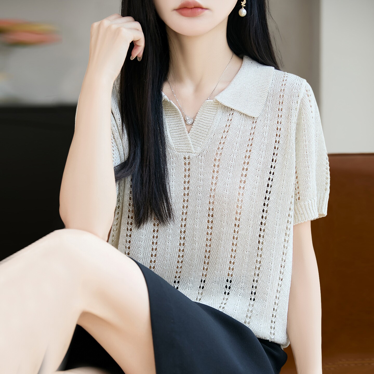 V领镂空针织短袖t恤女夏季薄款冰丝针织衫大码女装上衣