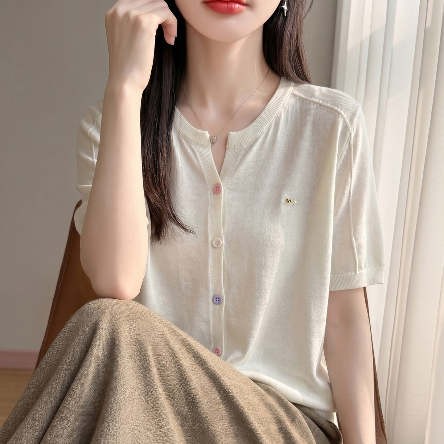 拉夏贝尔 V领纯色针织短袖t恤开衫女夏季薄款冰丝针织衫女装上衣
