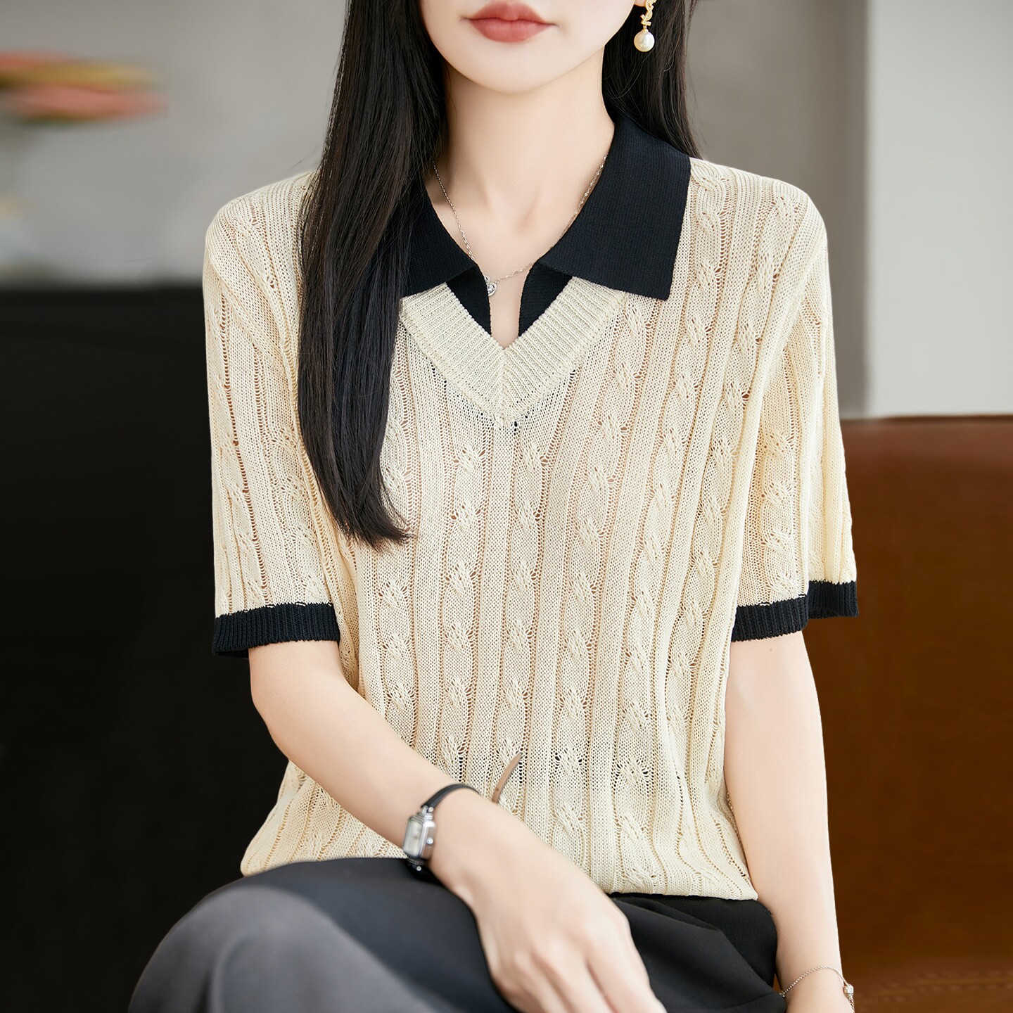 V领假两件针织短袖t恤女夏季薄款冰丝针织衫大码女装上衣