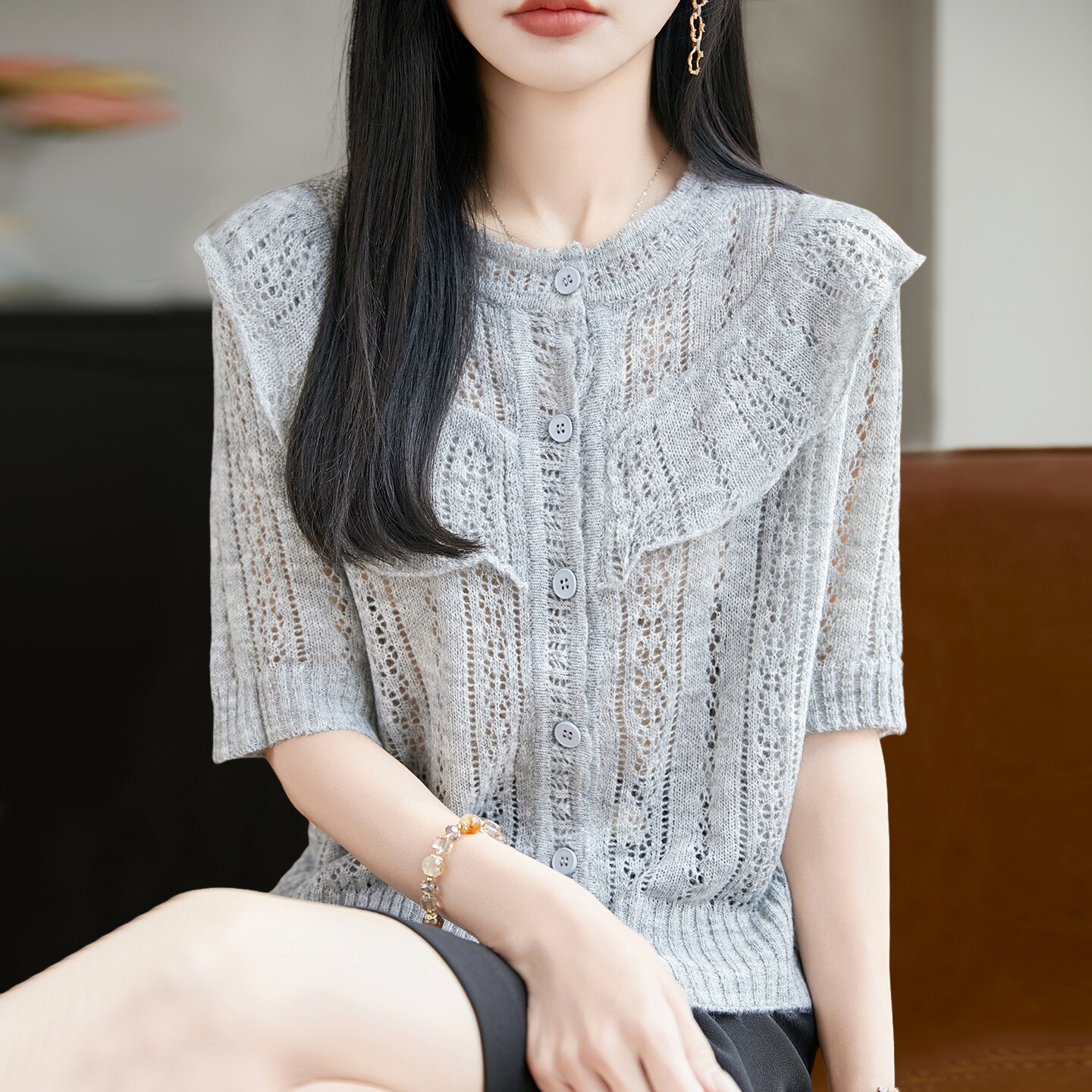 拉夏贝尔 镂空针织短袖t恤开衫女夏季薄款冰丝针织衫大码女装上衣