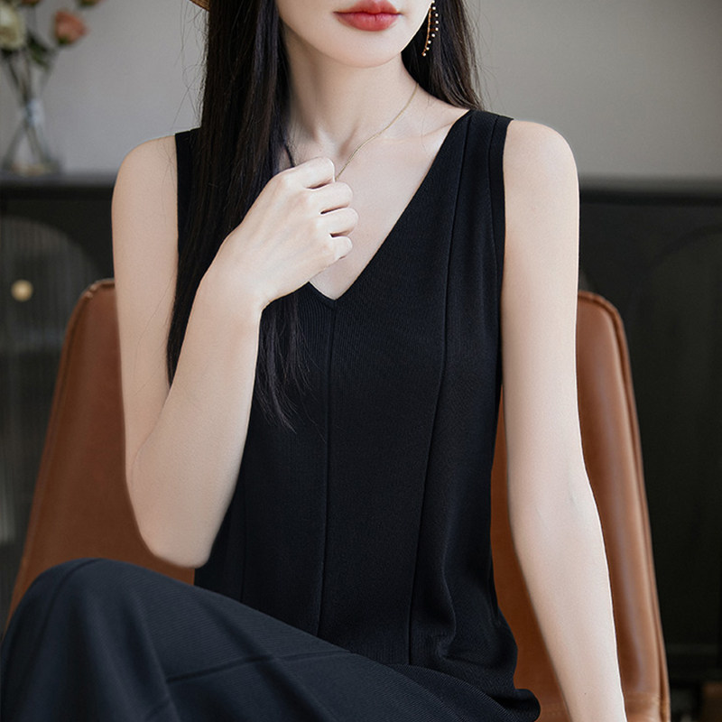 拉夏贝尔 长款无袖V领显瘦裙子女夏季连衣裙洋气大码冰丝针织上衣