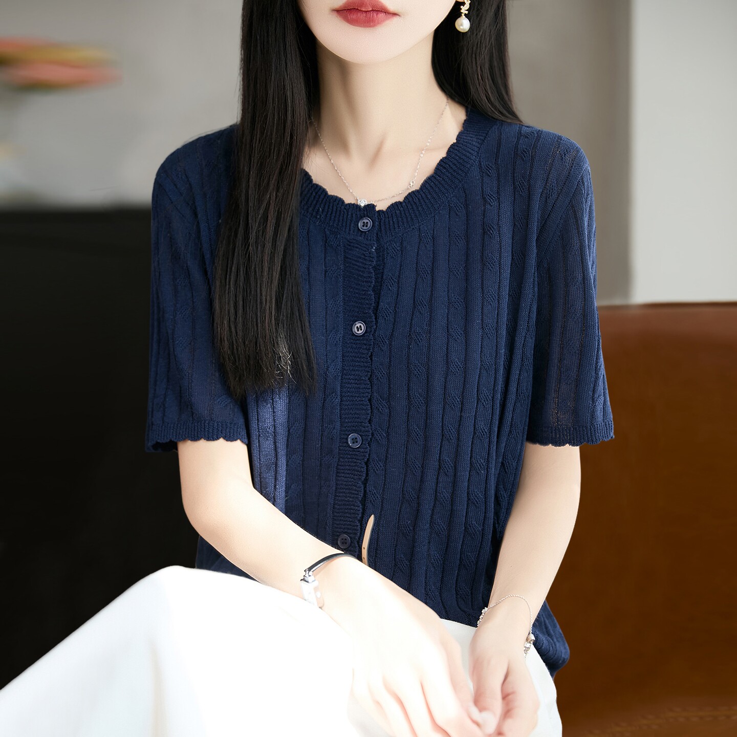 纯色纽扣针织短袖t恤开衫女夏季薄款冰丝针织衫女装上衣