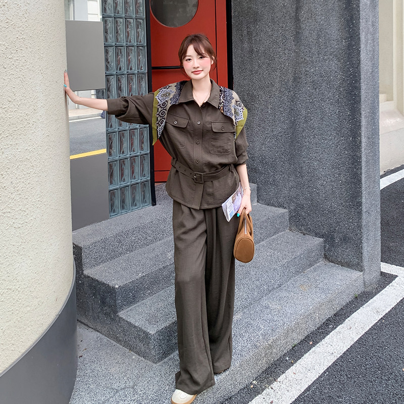 复古工装风套装女秋腰带收腰衬衫上衣阔腿长裤两件套松弛感穿搭