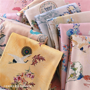 中国风丝绒布料秋冬花卉旗袍古风手作毛绒面料复合麂皮绒印花卉布