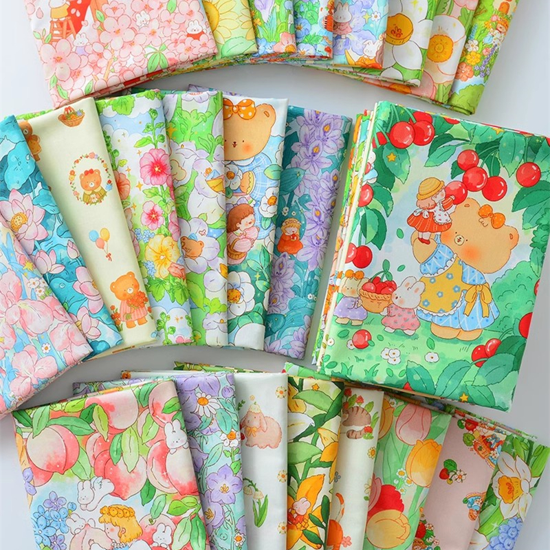 甜美插画全棉卡布其诺纯棉布料