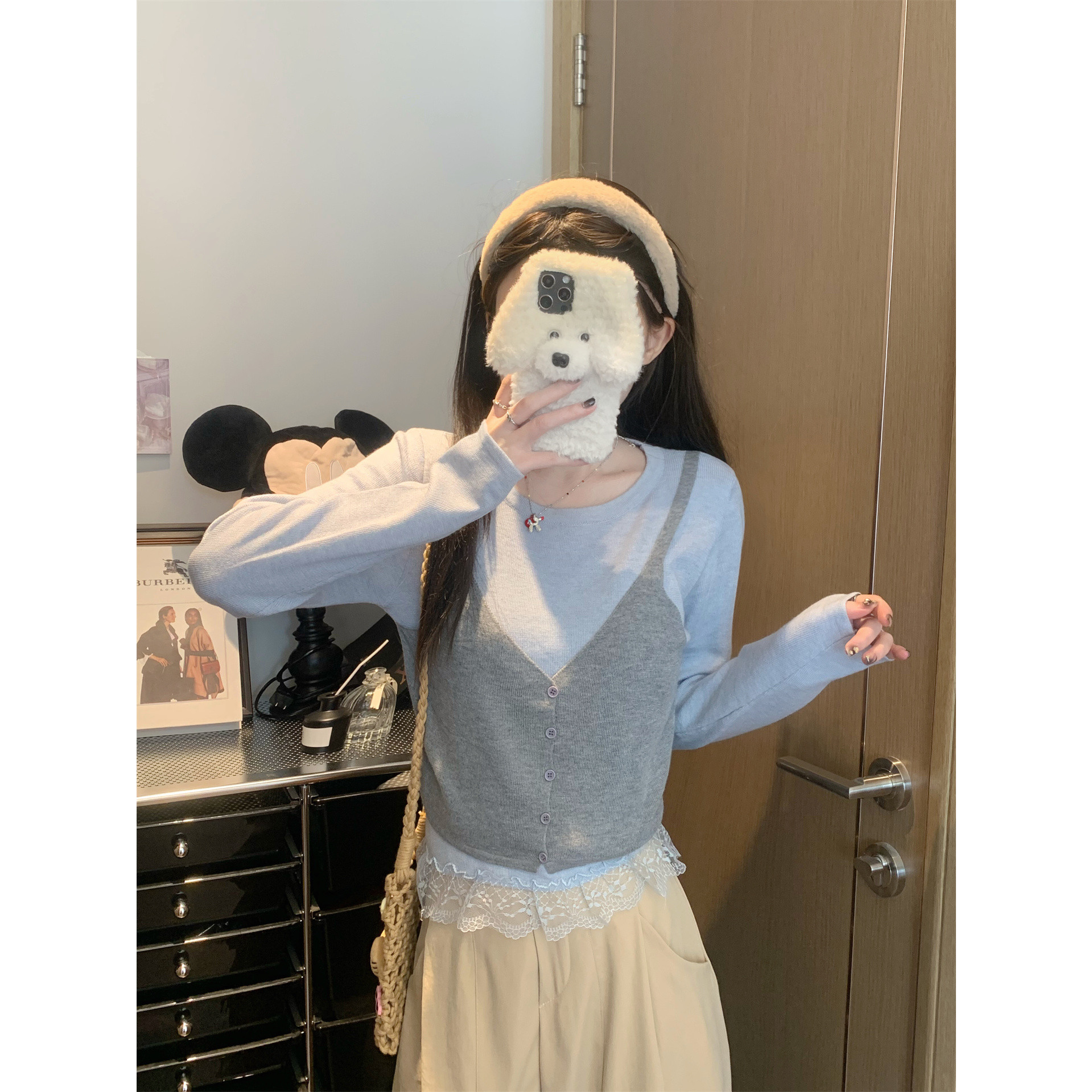 假两件蕾丝边显瘦拼接女针织上衣