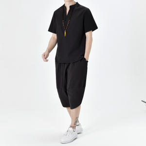 夏季风青年套装男大码宽松小V口盘扣两件套A266-1-TZ6289-P70图片