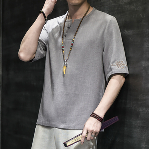 棉麻风男装T恤男圆领宽松刺绣盘扣夏季青年A266-1-T188-P40图片