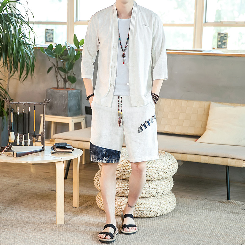 夏季风一套亚麻两件套短裤盘扣复古男装A266-1-TZ4958-P75,男装牛仔裤,电商A266-1
