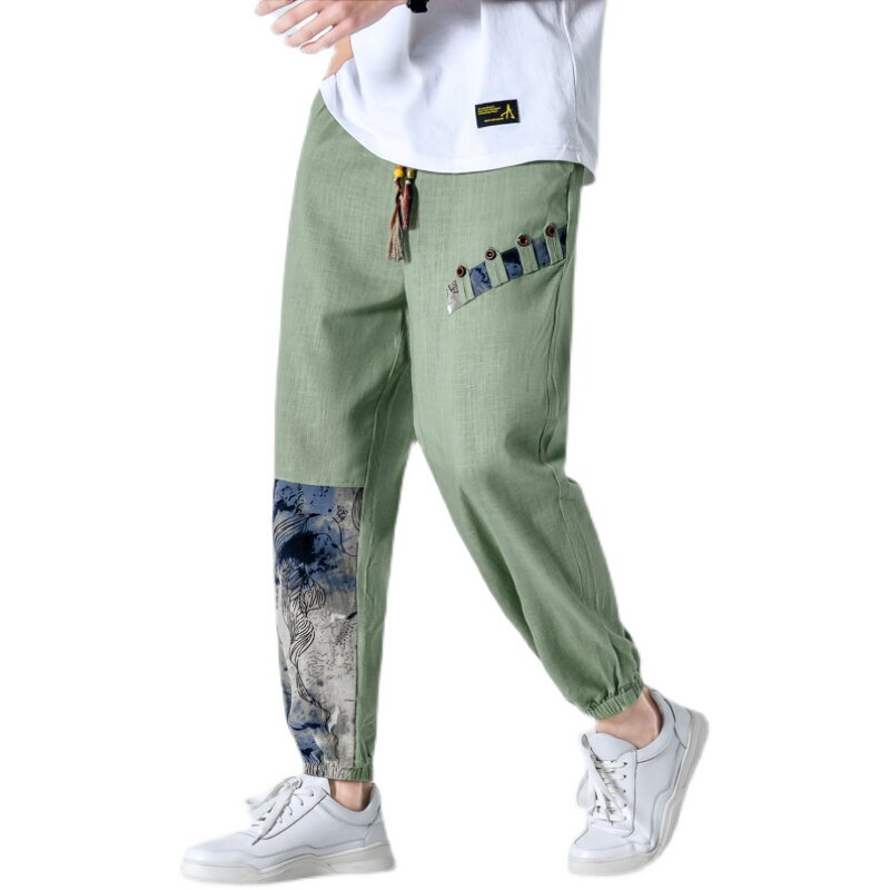 春季亚麻休闲裤男风拼接抽绳束脚小脚长裤大码A266-1-K41-P50,男装休闲裤,电商A266-1