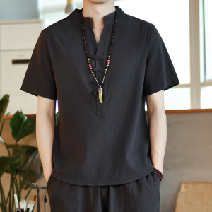 棉麻风男装T恤男圆领宽松V领盘扣夏季青年A266-1-T162-P35图片