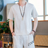 夏季亚麻大码宽松棉麻纯色上衣风T恤男圆领A266-1-T156-P40，男装T恤，电商A266-1