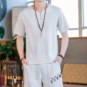 夏季亚麻大码宽松棉麻纯色上衣风T恤男圆领A266-1-T156-P40,男装T恤,电商A266-1