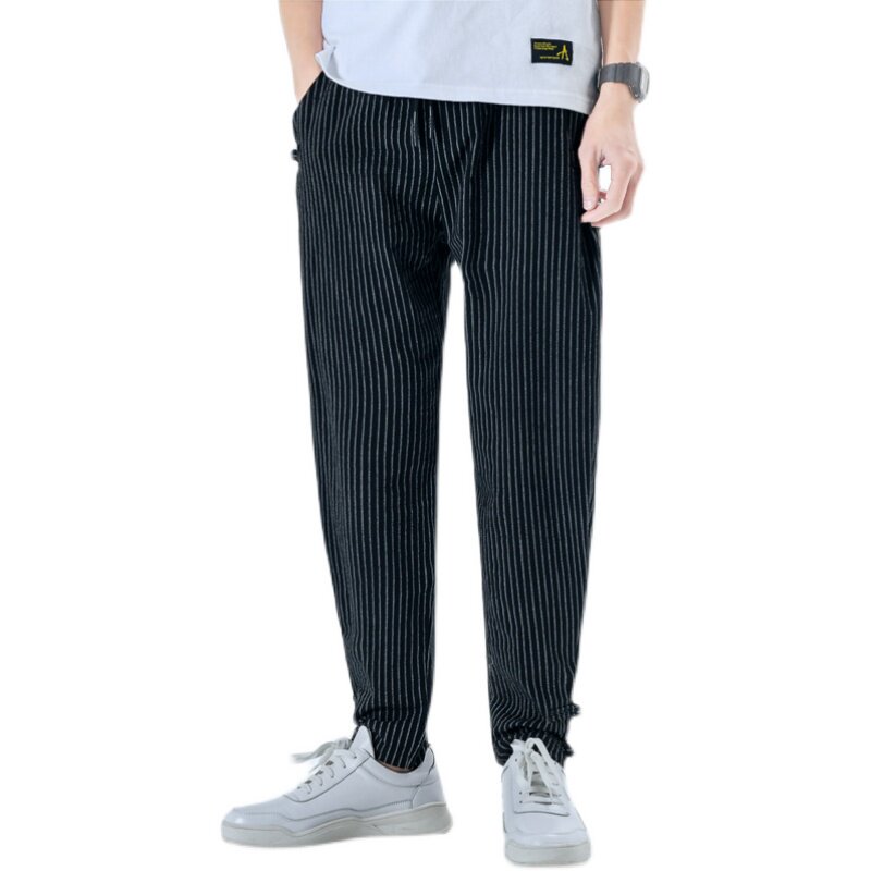 条纹风棉麻休闲裤男宽松盘扣哈伦青年小脚长裤A266-1-K58-P50,男装休闲裤,电商A266-1