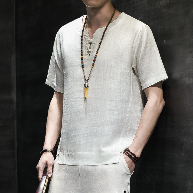 亚麻风男装T恤男圆领宽松盘扣夏季上衣青年A266-1-T156-P40,男装T恤,电商A266-1