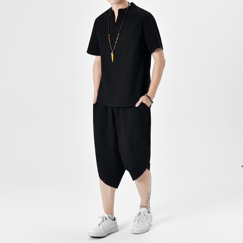 夏季风青年套装男大码宽松小V口盘扣两件套A266-1-TZ6289-P70，男装休闲套装，电商A266-1