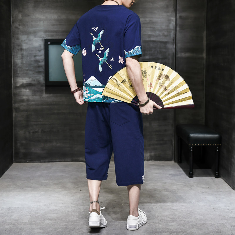 汉服风青年套装男大码宽松印花盘扣两件套A266-1-TZ1986-P90,男装休闲套装,电商A266-1