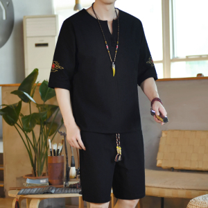 夏季风青年套装男大码宽松小V口盘扣两件套A266-1-TZ6986-P60图片
