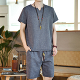 夏季风V领印花套装男大码宽松复古两件套A266-1-TZ1988-P60，男装休闲套装，电商A266-1