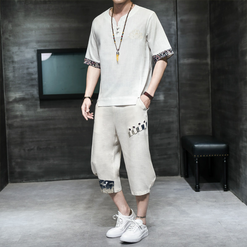 夏季风刺绣套装男大码宽松小V口盘扣两件套A266-1-TZ4087-P75,男装休闲套装,电商A266-1