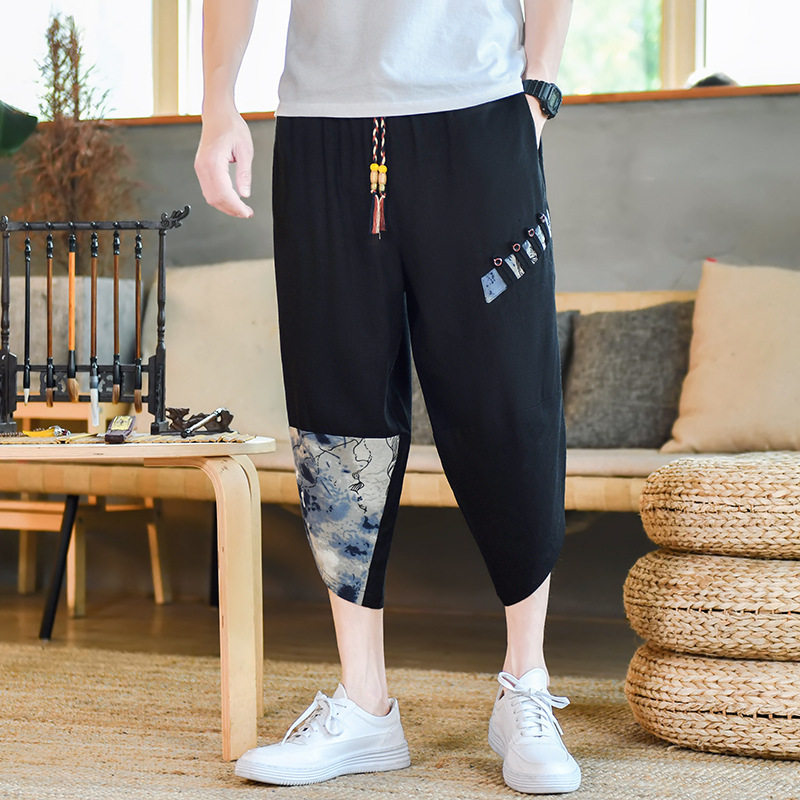 夏季亚麻拼接七分裤男宽松风7分抽绳休闲裤子A266-1-K51-P35，男装牛仔裤，电商A266-1