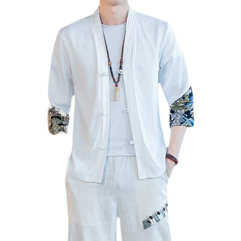宽松棉麻亚麻T恤男夏季大码开衫上衣拼接风A266-1-T159-P40,男装T恤,电商A266-1