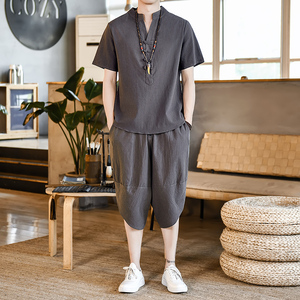 夏季风立领套装男大码宽松小V口盘扣两件套A266-1-TZ6289-P70图片