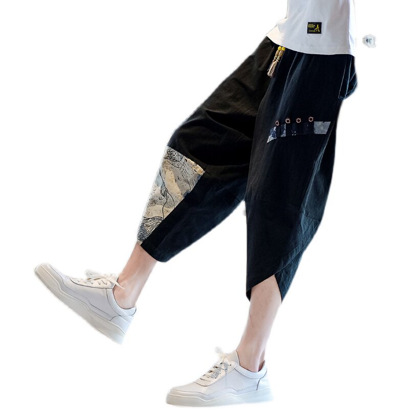 拼接休闲裤男宽松棉麻风抽绳七分裤夏季哈伦裤A266-1-K52-P35,男装牛仔裤,电商A266-1