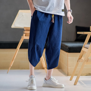 夏季复古宽松棉麻七分裤男纯色7分风休闲裤男A266-1-K50-P45图片