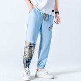 春季亚麻休闲裤男风拼接抽绳束脚小脚长裤大码A266-1-K41-P50，男装休闲裤，电商A266-1
