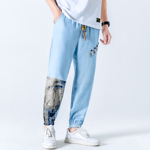 春季亚麻休闲裤男风拼接抽绳束脚小脚长裤大码A266-1-K41-P50图片