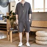 夏季风青年套装男大码宽松小V口盘扣两件套A266-1-TZ6986-P60，男装休闲套装，电商A266-1
