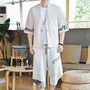 夏季风一套棉麻两件套开衫复古男装A266-1-F58+K40-P75图片