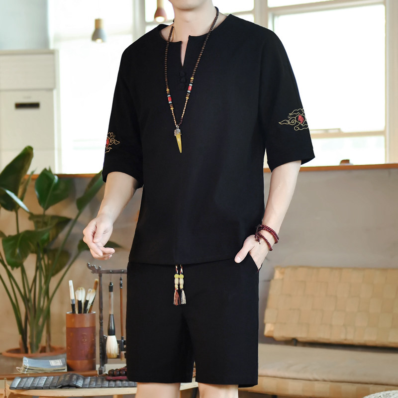 夏季刺绣套装男风青年宽松小V口盘扣两件套A266-1-TZ6988-P60,男装休闲套装,电商A266-1