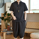 夏季风立领套装男大码宽松小V口盘扣两件套A266-1-TZ6289-P70，男装休闲套装，电商A266-1
